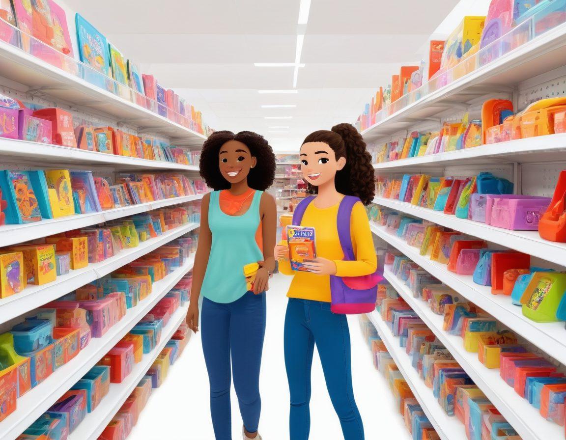 A bustling store aisle filled with colorful and trendy teen toys on sale, featuring a diverse group of excited teenagers exploring and evaluating the deals. The background showcases racks of toys, sale signs, and price tags prominently highlighted, with a smiling shopper holding a clever shopping checklist. Vibrant colors. Cartoonish style. White background.