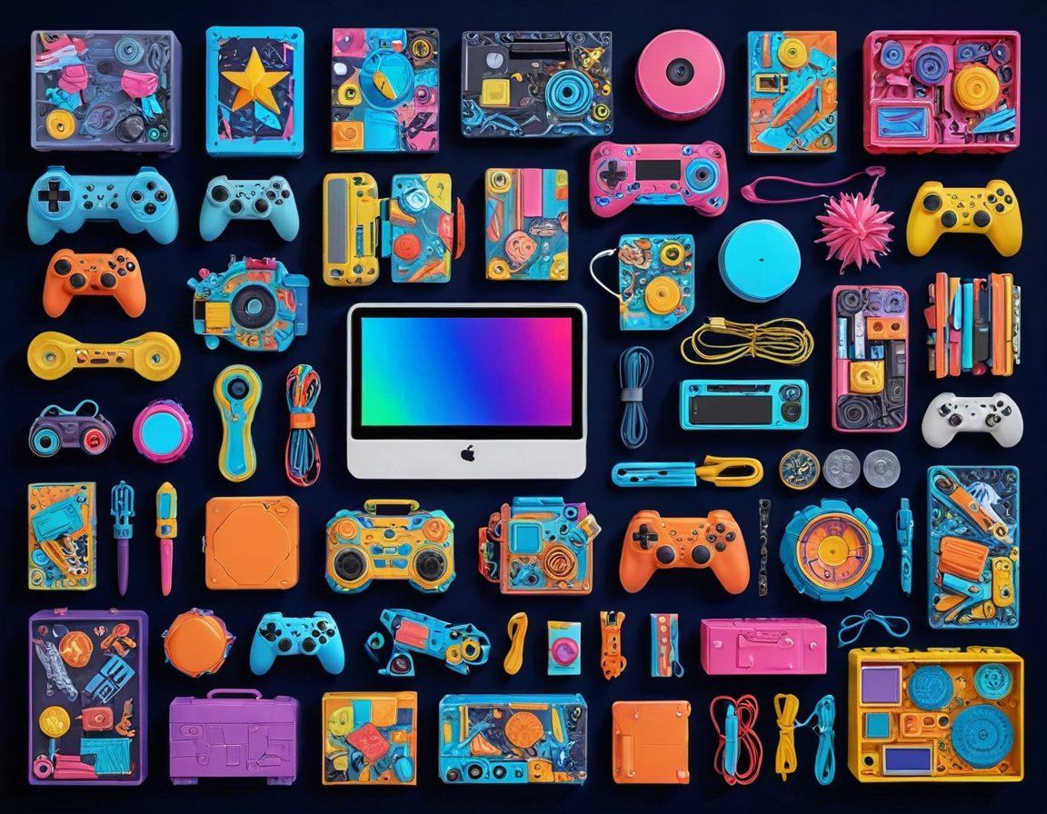 A vibrant collage showcasing the top trendy toys of 2023 for teens; include a mix of futuristic gadgets, creative DIY kits, gaming consoles, stylish accessories, and artistic tools. Each toy should be clearly discernible with dynamic lighting and a modern, upbeat atmosphere that captivates the viewer. super-realistic. vibrant colors. 3D.