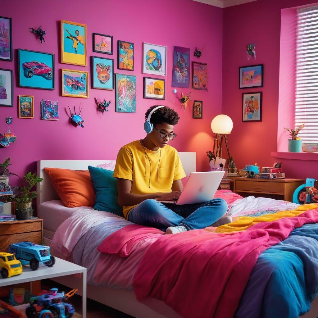 A colorful and vibrant online shopping scene featuring a teenager browsing a laptop surrounded by trendy toys like drones, action figures, and electronic gadgets. The background shows a bedroom with posters of popular teen icons and a playful atmosphere. vector art. vibrant colors.